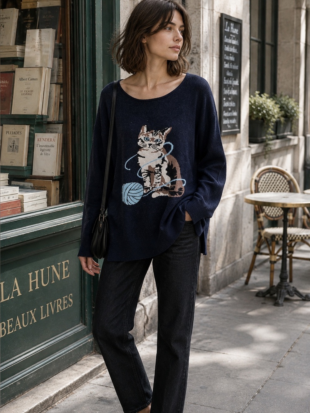 ASTROLOGIE Cat and Yarn Print Relaxed Fit Whimsical Navy Sweater, XL